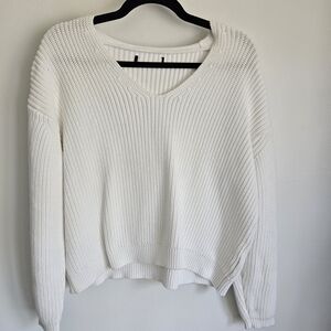 Quince Organic Cotton Fisherman V-Neck Sweater Boxy Cropped White Pull-Over  L